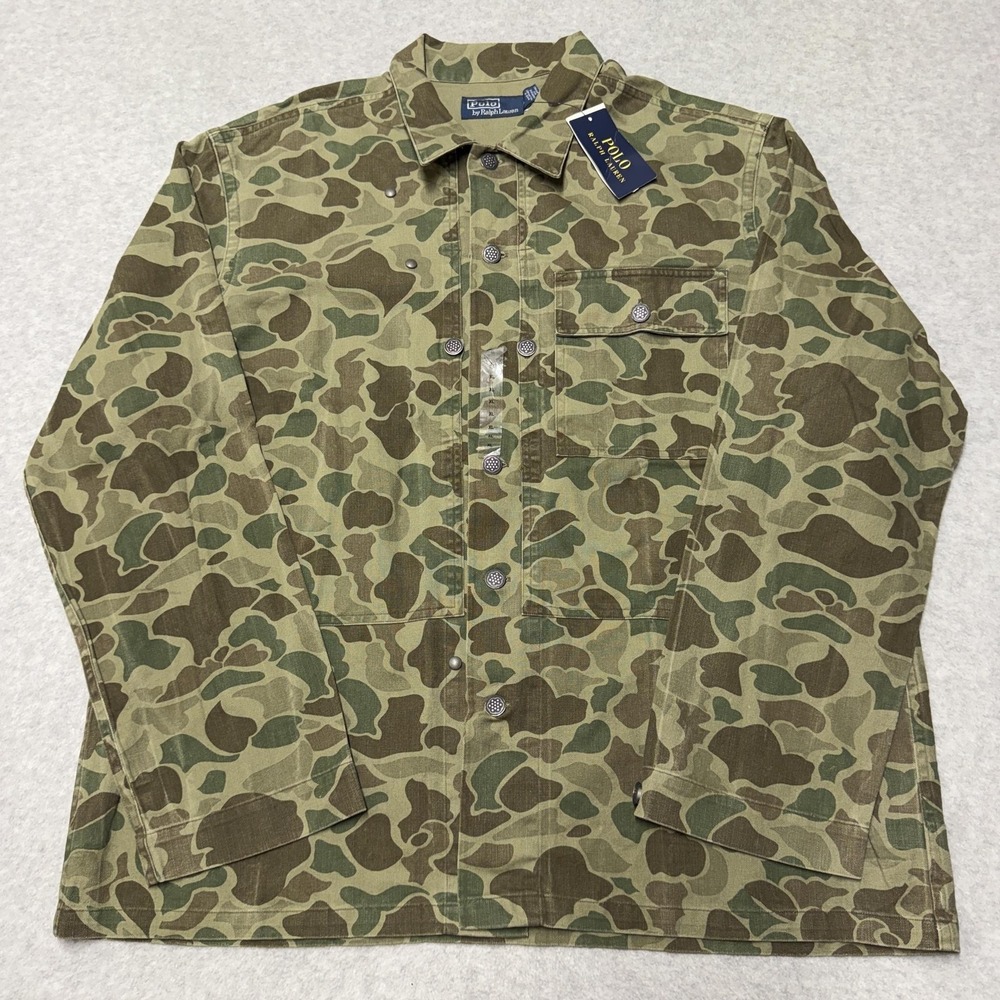 Polo Ralph Lauren Shirt Mens XL Green Camo Herringbone Canvas Button Up Military
